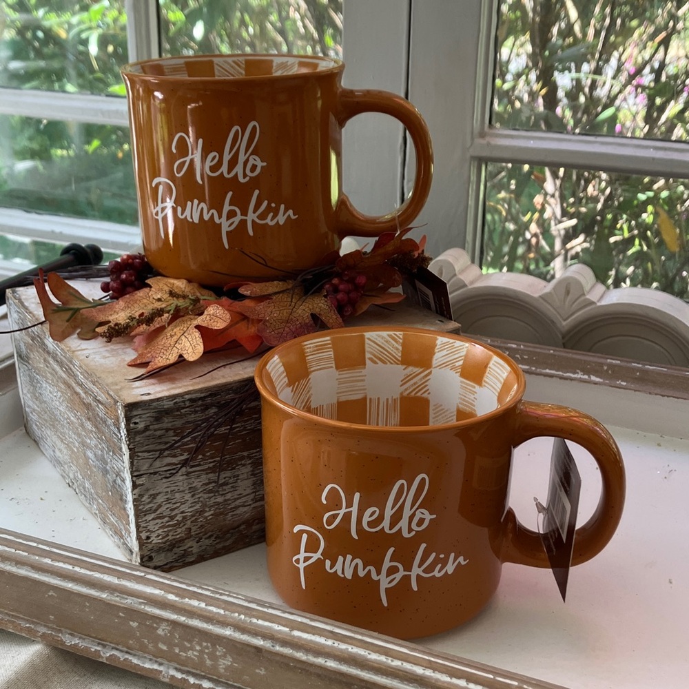 SET (2) Hello Pumpkin Buffalo Check Mugs - NWT